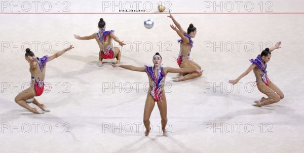 Sofia, Bulgaria - 26 March, 2021: Team Estonia perform during the 5 Balls group qualifications at the 2021 Rhythmic Gymnastics Sofia World Cup, Sofia, Bulgaria