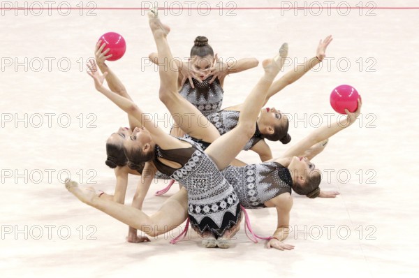 Sofia, Bulgaria - 7 May, 2017: Team Bulgaria performs during Rhythmic Gymnastics World Cup Sofia 2017. Group tournament