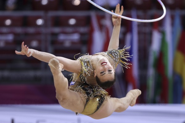 Sofia, Bulgaria - 27 March, 2021: Linoy Ashram of Israel performs during the individual Hoop final at the 2021 Rhythmic Gymnastics Sofia World Cup, Sofia, Bulgaria