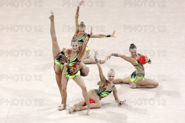 Sofia, Bulgaria - 6 May, 2017: Team Finland performs during Rhythmic Gymnastics World Cup Sofia 2017. Group tournament
