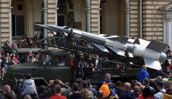 Sofia, Bulgaria - 6 May, 2023: S-125 Neva/Pechora surface-to-air missile system is seen during the Military parade which marks Bulgaria Army Day