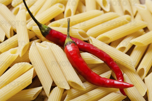 Italian raw pasta - penne background and chilli pepper
