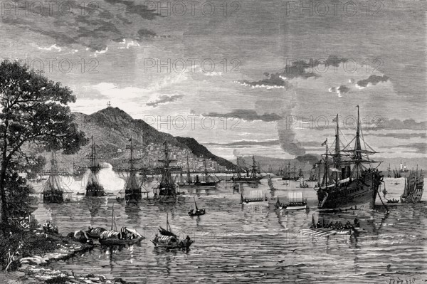 The French fleet at anchor off Kowloon, Hong Kong Island and the city of Victoria, 1860