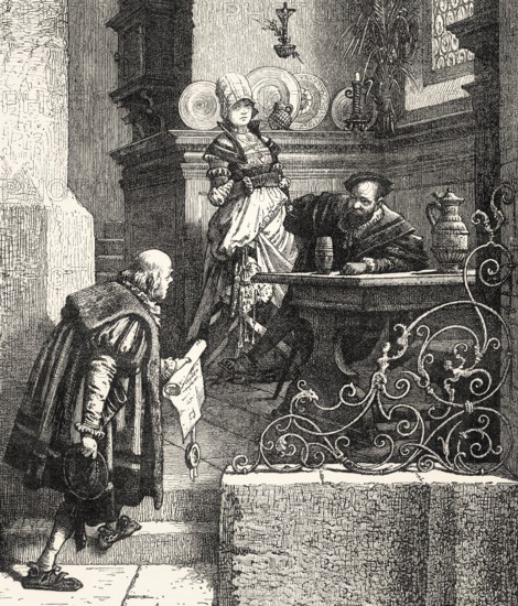 ACT IV. SCENE I., An Inn in the city of Heilbronn Götz, Elisabeth, Sergeant, Scene from Götz von Berlichingen by Johann Wolfgang von Goethe