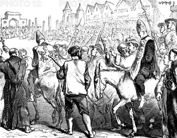 An auto-da-fé or auto da fé, auto de fe, the ritual of public penance, Inquisition punishment, execution by the civil authorities, 16th Century, Autodafé, Glaubensgericht, von der Inquisition verurteilte werden zur Hinrichtung geführt, 16. Jahrhundert
