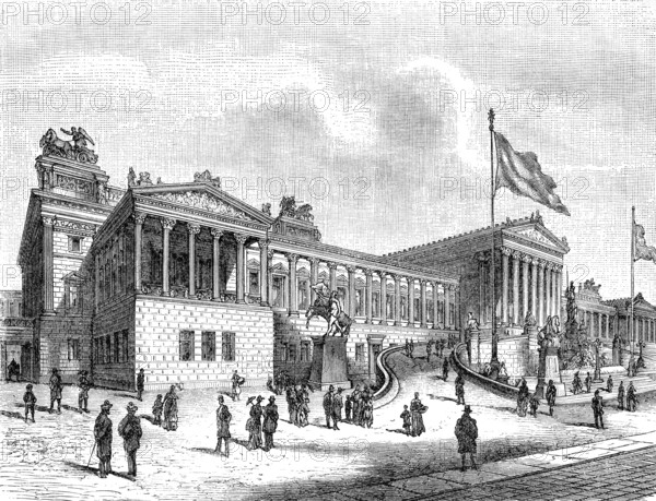 Historical illustration, Austrian Parliament Building, 1896, historische Zeichnung, österreichisches, Parlament, Parlamentsgebäude, Ringstraße, Wien, Österreich, 1896