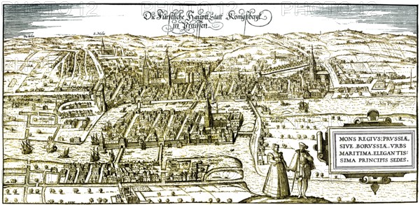 Panoramic view of Koenigsberg, 16th century, today Kalinigrad, Russia, Europe, Europe Historische Zeichnung, Stadtansicht von Königberg im 16. Jahrhundert, Ostpreußen, heute Kaliningrad, Russland