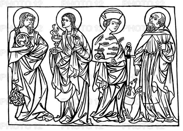 Saint Sebastian, John the Evangelist, Antony the Great, wood engraving, 1420