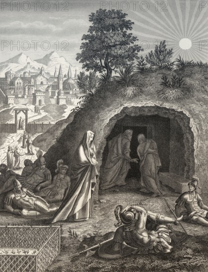 The empty tomb, Resurrection of Jesus, New Testament, steel engraving 1853, digitally restored