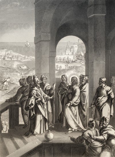 The Pharisees seeking a sign from Jesus, New Testament, steel engraving 1853, digitally restored