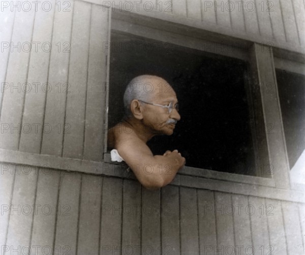 Mahatma Gandhi in train on way to Shimla, India, Asia, June 24, 1945
