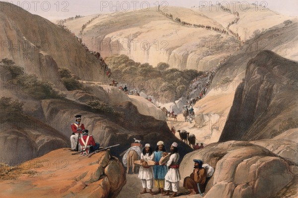 A British army traversing the Koojah Pass, Afghanistan, First Anglo-Afghan War, after James Atkinson, 1842, digitally optimized