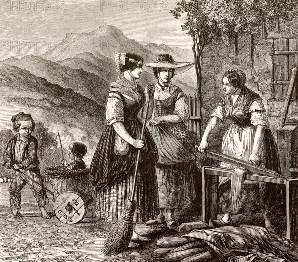 Flachsverarbeitung mit Brechhebel, Vogesen, 18. Jahrhundert, Frauen in französischer Tracht