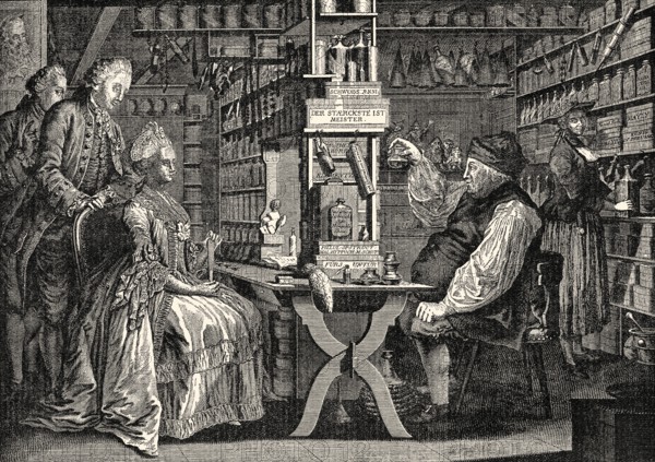 The Quack Doctor from Switzerland, Michel Schuppach, in his pharmacy examining a young woman's urine, 1774, Michel Schuppach, Quacksalber in der Schweiz, in seiner Apotheke, Prüfung einer Urinprobe einer Frau, 1774