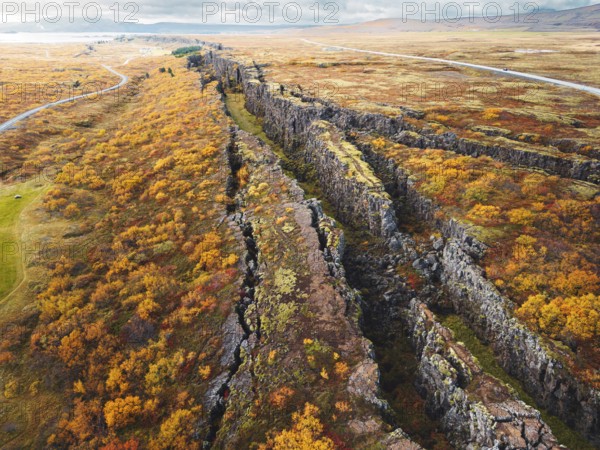 Aerial view of Thingvellir National Park, famous area in Iceland right on the spot where the Atlantic tectonic plates meets. UNESCO World Heritage Site, western Iceland, and site of the Althing.
