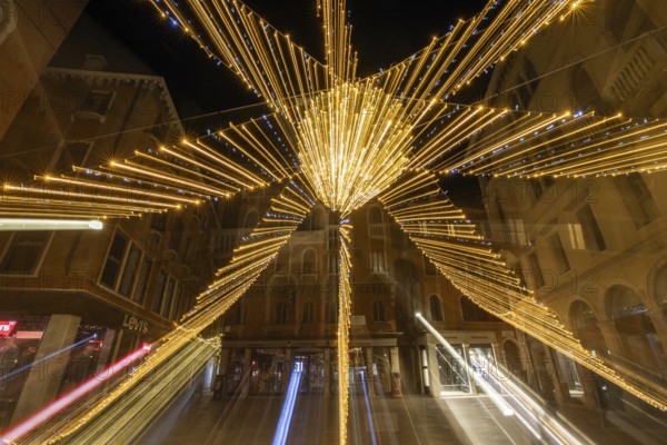 Lighting in the historic centre, night shot, zoom effect, Campo San Luca, Venice, Italy