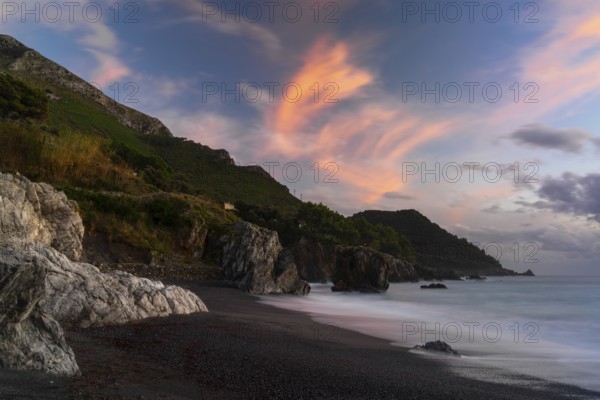 A view of the Marina di Maratea beach at sunset