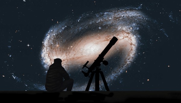 Man with telescope looking at the stars. Spiral galaxy in the constellation Eridanus NGC 1300 Elements of this image are furnished by NASA