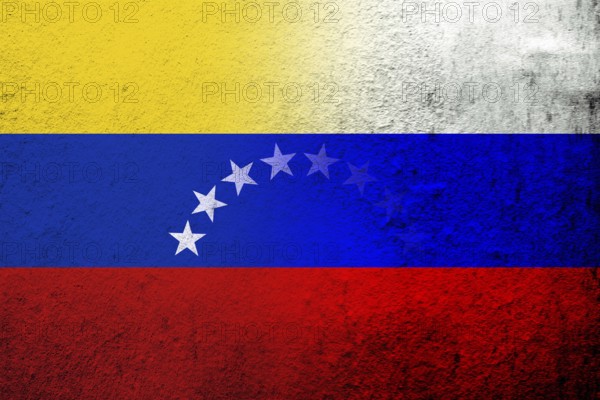 National flag of Russian Federation with The Bolivarian Republic of Venezuela National flag. Grunge background