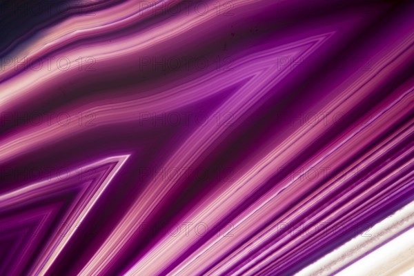 Full-size detailed view of a flat, polished and transparent disc of an agate with arrow-shaped structures in violet