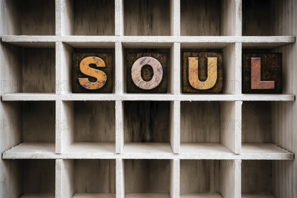 The word SOUL written in vintage ink stained wooden letterpress type in a partitioned printer's drawer