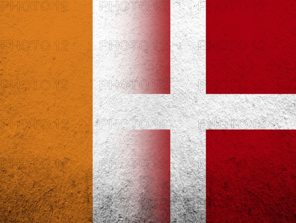 The Kingdom of Denmark National flag with Ivory Coast National flag. Grunge Background