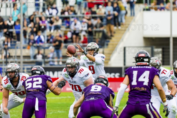 European League of Football, ELF/ Game : Cologne Centurions at Frankfurt Galaxy on July. 01. 2023, in the PSD Bank Arena, Frankfurt, Germany Cologne Centurions, QB # 9 Judd Erickson, OG # 70 Florian Schorn
