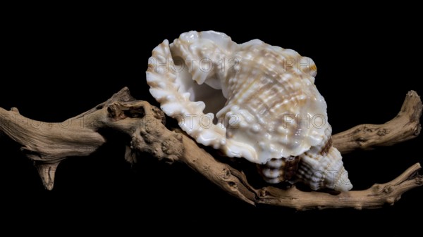 Close-up of a Distorsio anus sea shell resting on textured driftwood, set against a dark black background. The shell features intricate ridges, vibrant brown and white patterns, Odessa, Ukraine