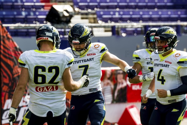 ELF/ Semi-Final Game : Stuttgart Surge at Vienna Vikings on 16. Sept. 2023, in the Generali-Arena, Vienna, Austria. Stuttgart Surge, WR # 7 Louis Geyer, QB # 4 Reilly Hennessey