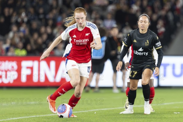 MELBOURNE, AUSTRALIA, MAY 24: Katie Reid of Arsenal Women FC competes against A-League All Stars Women team during the Global Football Week at Marvel Stadium on May 24, 2024 in Melbourne, Australia
