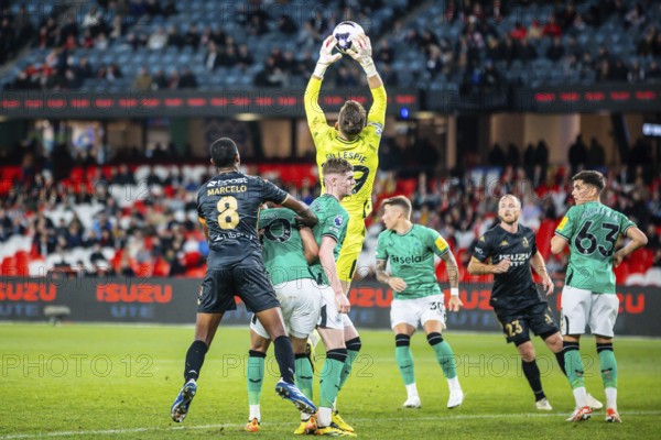 MELBOURNE, AUSTRALIA, MAY 24: Mark Gillespie of Newcastle United saves whilst playing A-League All Stars Men during the Global Football Week at Marvel Stadium on May 24, 2024 in Melbourne, Australia