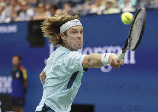 Tennis player Andrey Rublev of Russia in action at the US Open 2024 Championships, Billie Jean King Tennis Center, Queens, New York, USA.