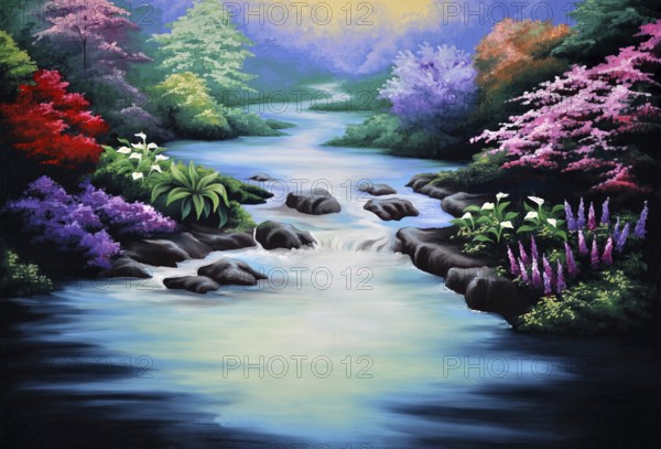 Theatre backdrop featuring forest and stream