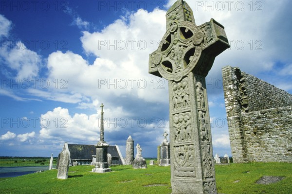 Celtic cross, monastery and ruins of Glonmacnoise, Ireland