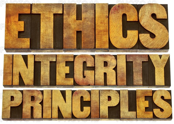 Ethics, integrity and principles word abstract - isolated text in grunge letterpress wood type printing blocks