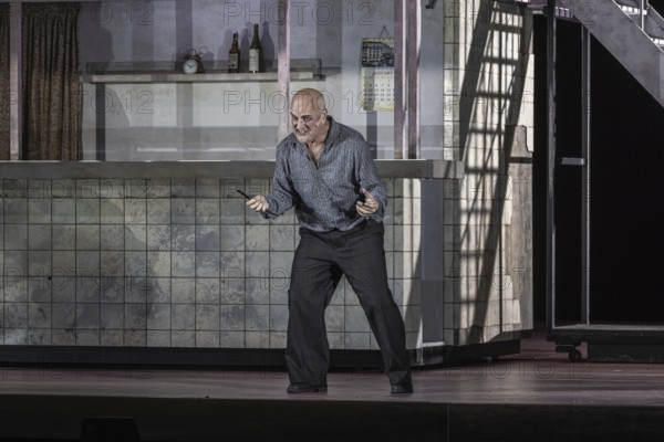 BERLIN, Germany - November 2024: Sweeney Todd (The Demon Barber of Fleet Street) - A musical thriller (1979) in a co-production with the Opéra national du Rhin with music by Stephen Sondheim in a production by Barrie Kosky based on the play of the same name by Christopher Bond. Sweeney Todd, an innocent barber, is falsely arrested and loses his woman and daughter. After years of imprisonment, he returns to London to take revenge on those responsible. Together with the baker Mrs Lovett, he murders his customers and turns their meat into pies, which she sells in her shop. Their murderous partnership unleashes a bloody vicious circle that ultimately leads to tragic consequences for everyone involved. Media rehearsal on 13.11.2024 at the Komische Oper in Berlin Performers: Sweeney Todd: Christopher Purves Mrs Nellie Lovett: Dagmar Manzel Anthony Hope: Hubert Zapiór Johanna Barker: Alma Sadé Tobias Ragg: Tom Schimon Richter Turpin: Jen
