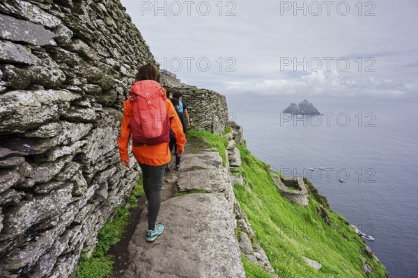 Visitors on the steep path up to the monastery, Skellig Michael island, Mainistir Fhionáin (St. Fionan?s Monastery), county Kerry, Ireland, United Kingdom