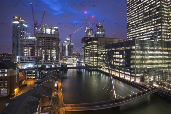 London, United Kingdom 05 March 2018: Modern office building in the Canary Wharf financial centre in London United Kingdom at night