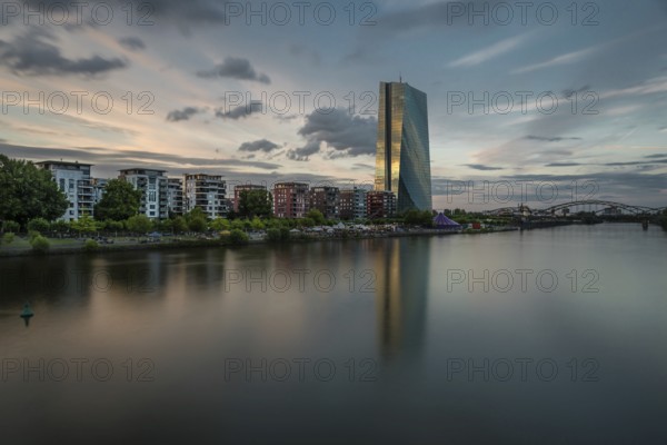 The Flosserbrucke and the ECB building in Frankfurt am Main, Germany, July 2017