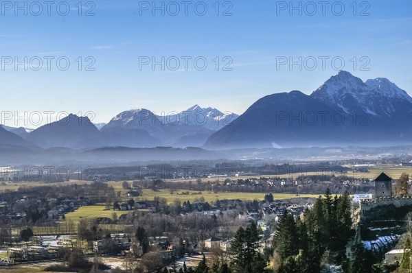Top view on Salzburg city from Hohensalzburg fortress at winter, Salzburg Austria