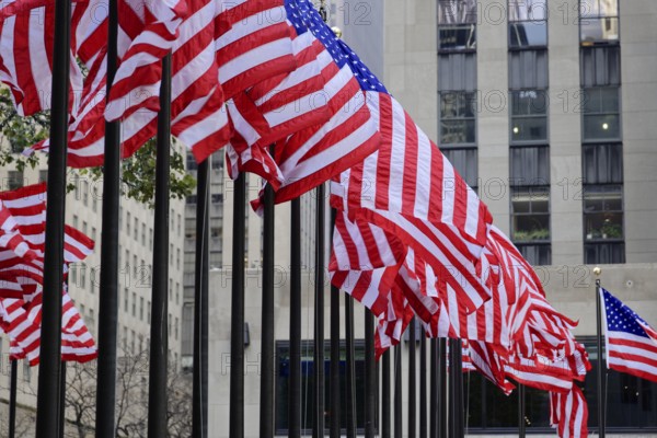 Rockefeller Center, Manhattan, New York, USA, North America, Many American flags fly in front of a modern city building, New York City
