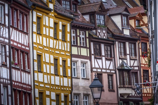 Nuremberg, Germany Christmas decorated half-timbered houses in Bavaria