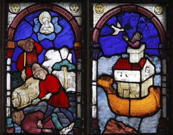 Stained glass in the choir, fratricide (Cain and Abel) and Noah's Ark, St., Sankt, Saint