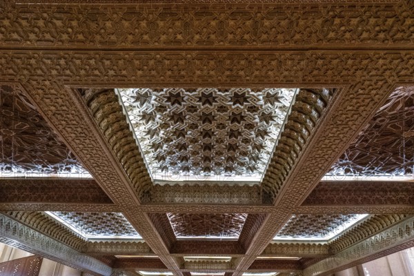 Casablanca, Morocco, 29 March, 2024: intricately carved cedar ceiling of the mezzanine in the Hassan II Mosque in Casablanca