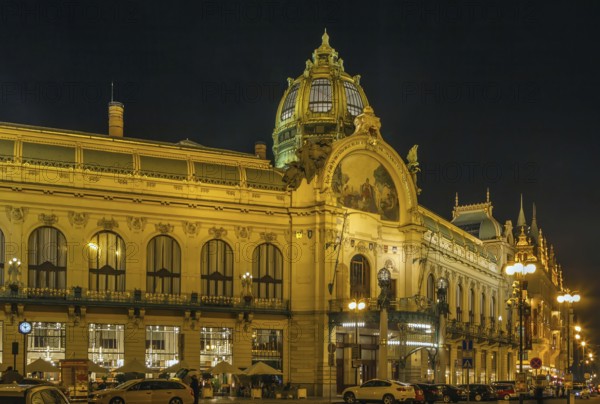 Municipal House is a civic building in Art Nouveau architecture style, Prague, Czech republic, At night