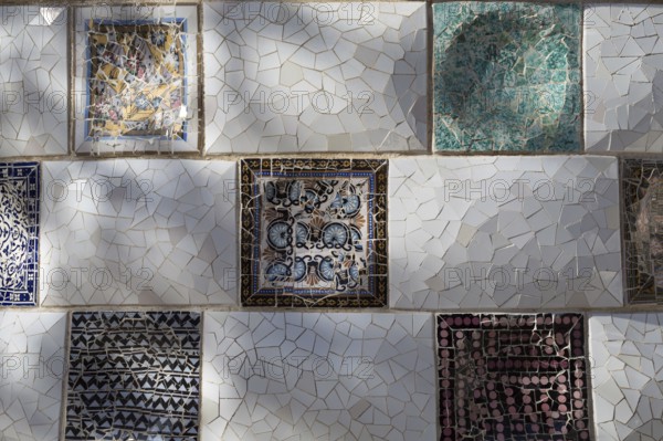 Close-up of the ceramics in Park Guell Barcelona created by Antonio Gaudi