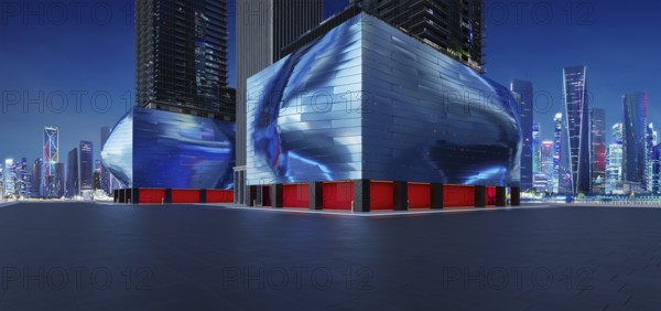 Perspective horizontal view of empty ground floor with modern building and beautiful nigh city background. 3d rendering