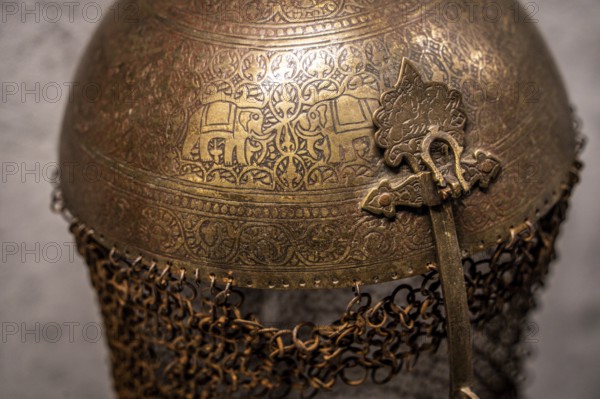 Persian helmet with engraved elephant scene, 16th century, Álava Armory Museum, Vitoria, Basque Country, Spain