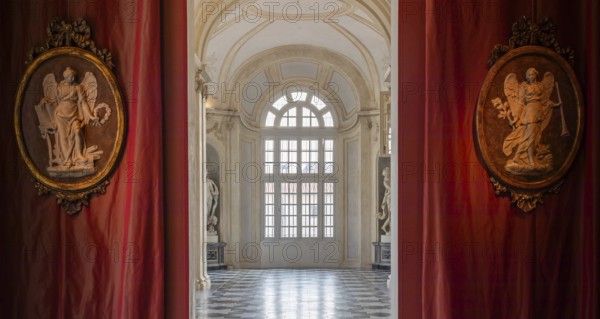 Venaria Reale, Italy, 16 July 2023: luxury gallery perspective, decorative marble, indoor, nobody, Royal Palace. Italy travel destination