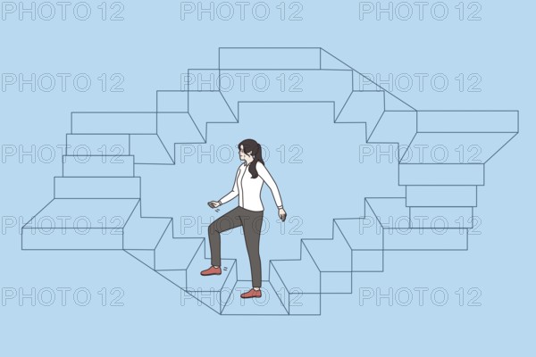 Work, career and success business concept. Young business woman walking up endless stairs on circle vector illustration over blue background Abstract vector wall art background. Minimalistic abstract wall art background for print. Scandinavian vector style